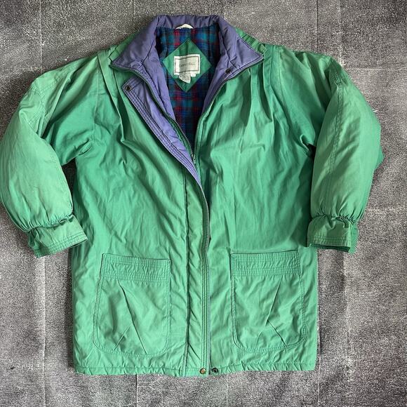 Men's Vintage 90's Catherine Hall Green Purple Flannel Lined Parka Jacket Sz L - Picture 1 of 5